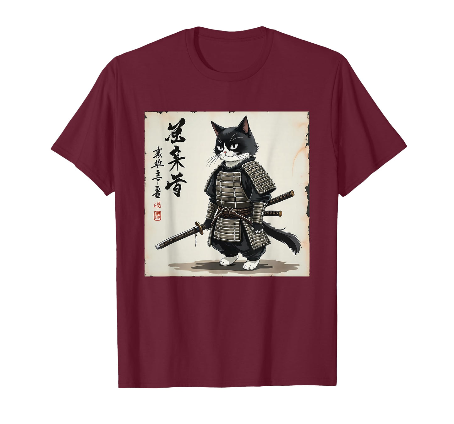 Samurai cat Graphic Warrior Art tee Japanese Anime Men Women T-Shirt