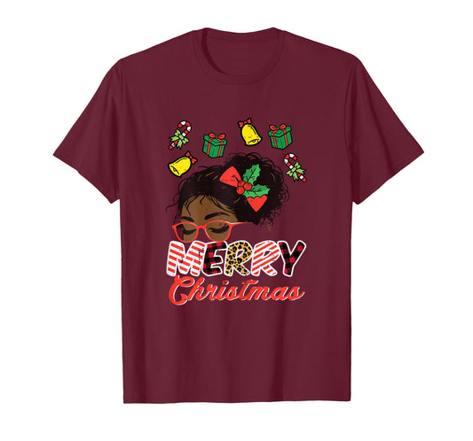 Merry Christmas Black Girl Xmas African Women Girls Kids T-Shirt