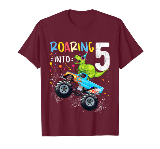 5th Birthday T Rex Dinosaur Monster Truck Boys and Girls T-Shirt