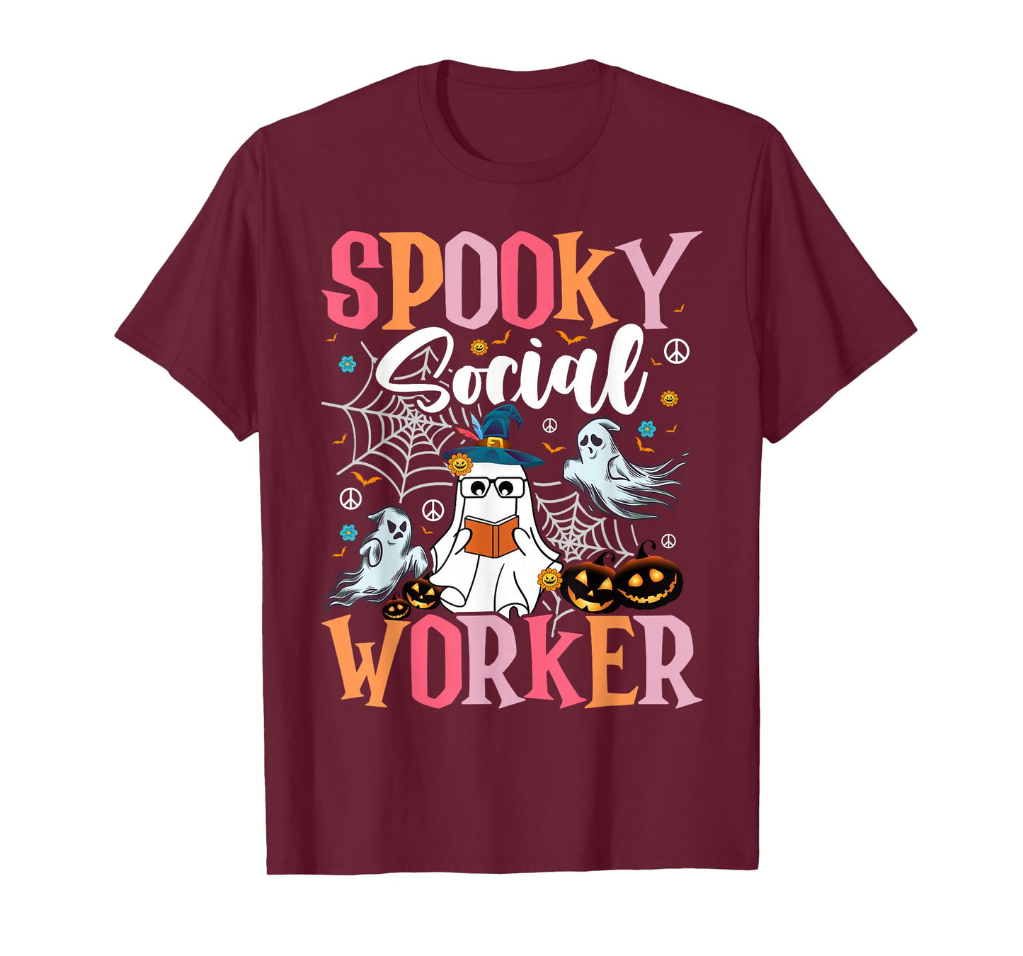 Groovy Retro Ghost Spooky Social Worker Halloween Costume T-Shirt