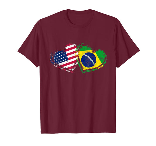 Brazil American Flag Heart T-Shirt Brazilian American Love T-Shirt
