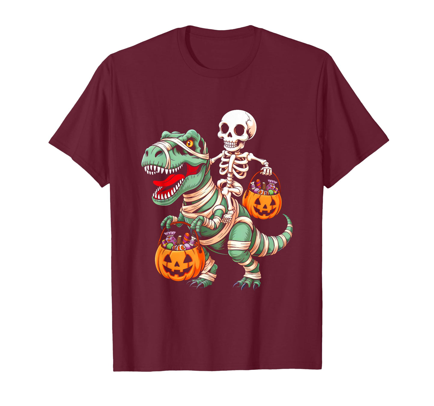 Skeleton Riding Mummy Dino Pumpkin Candy Halloween Costume T-Shirt
