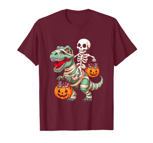Skeleton Riding Mummy Dino Pumpkin Candy Halloween Costume T-Shirt