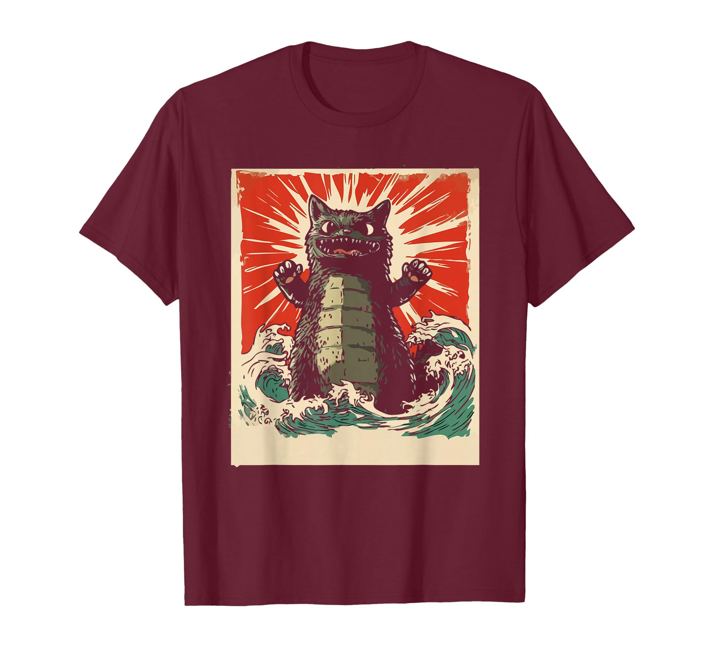 Epic Monster Cat Rising From Waves Retro Kawaii Men Kids T-Shirt