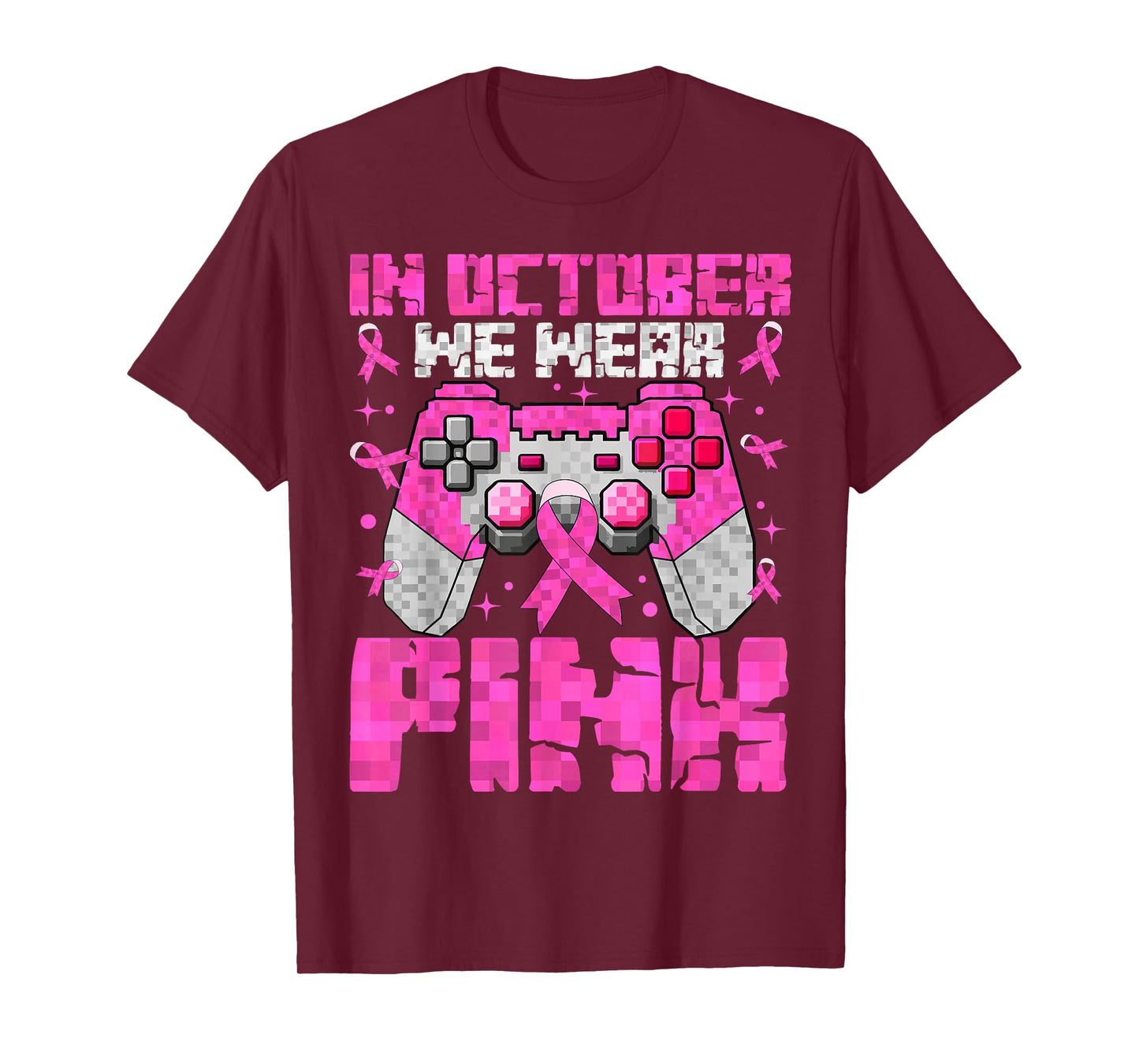 in October We Wear Pink Breast Cancer Pixel Game Kid Boy Men T-Shirt