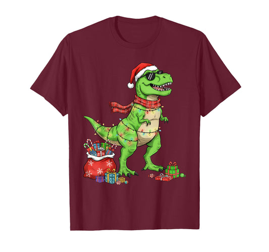 Tree T Rex Santa Hat Funny Christmas Lights Kids Boys Xmas T-Shirt