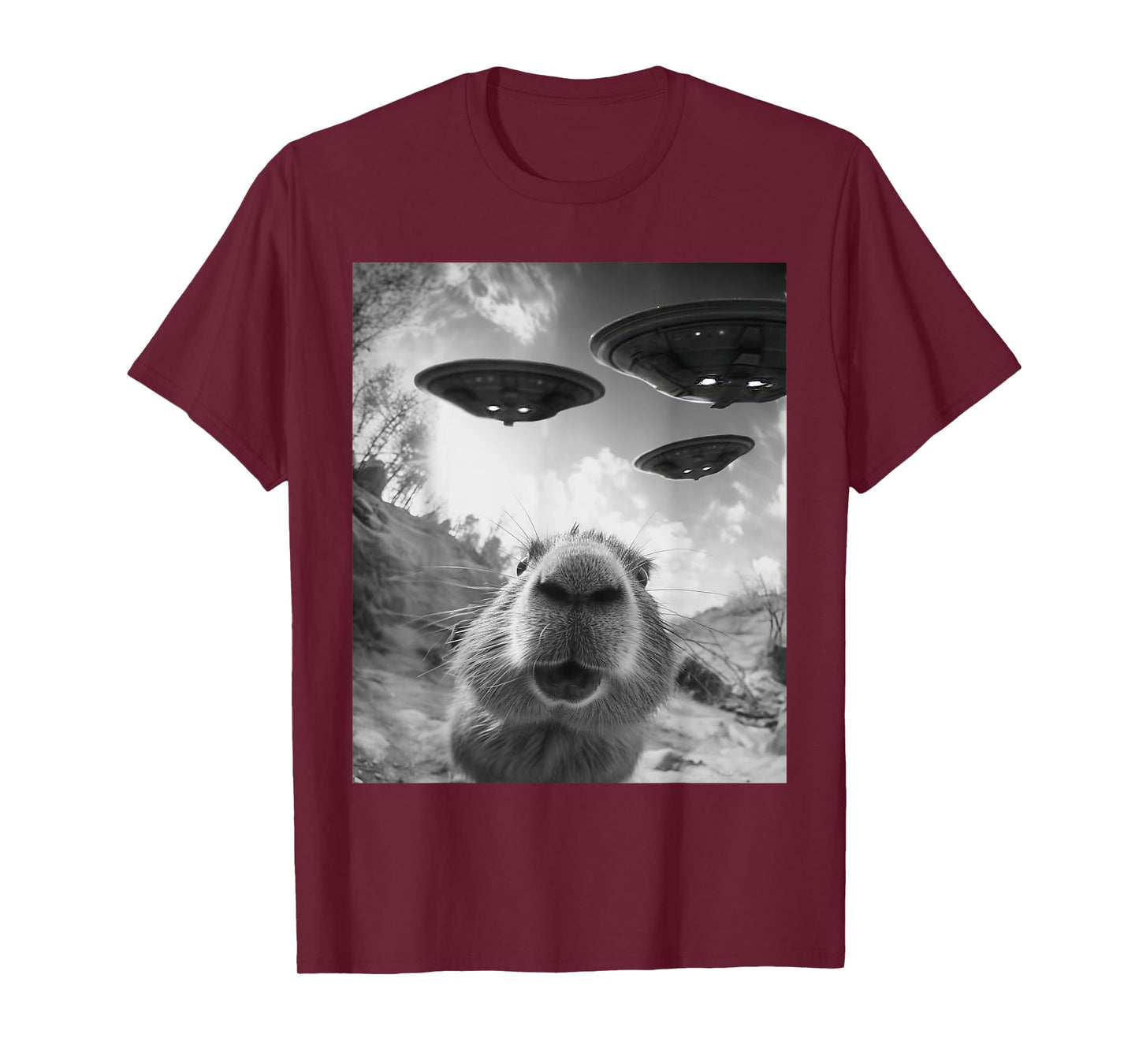 Funny Capybara Selfie with UFOs Weird Graphic Tee Alien UFO T-Shirt