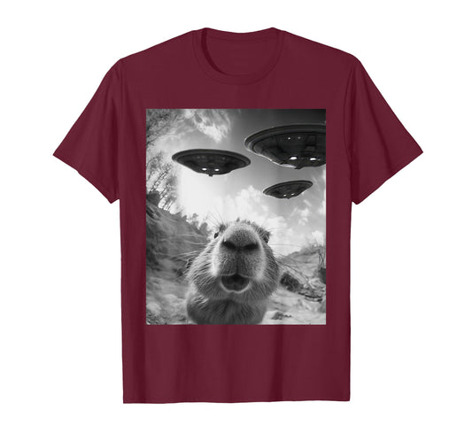 Funny Capybara Selfie with UFOs Weird Graphic Tee Alien UFO T-Shirt
