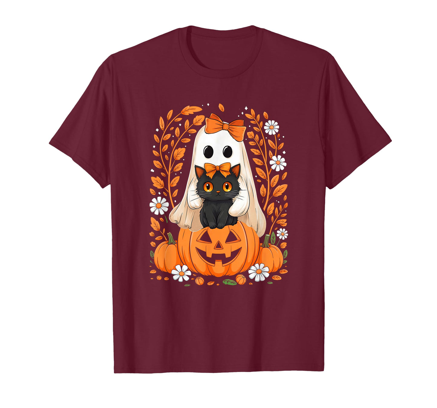Vintage Halloween Ghost Holding Black Cat Groovy Floral T-Shirt