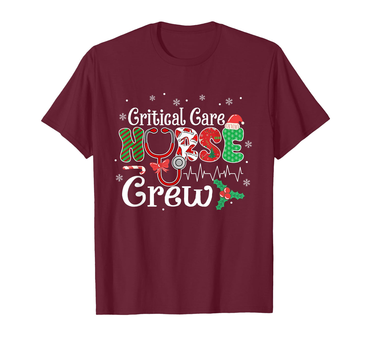 Critical Care Nurse Crew Stethoscope Santa Hat Christmas T-Shirt