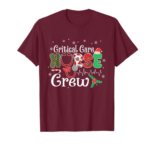 Critical Care Nurse Crew Stethoscope Santa Hat Christmas T-Shirt