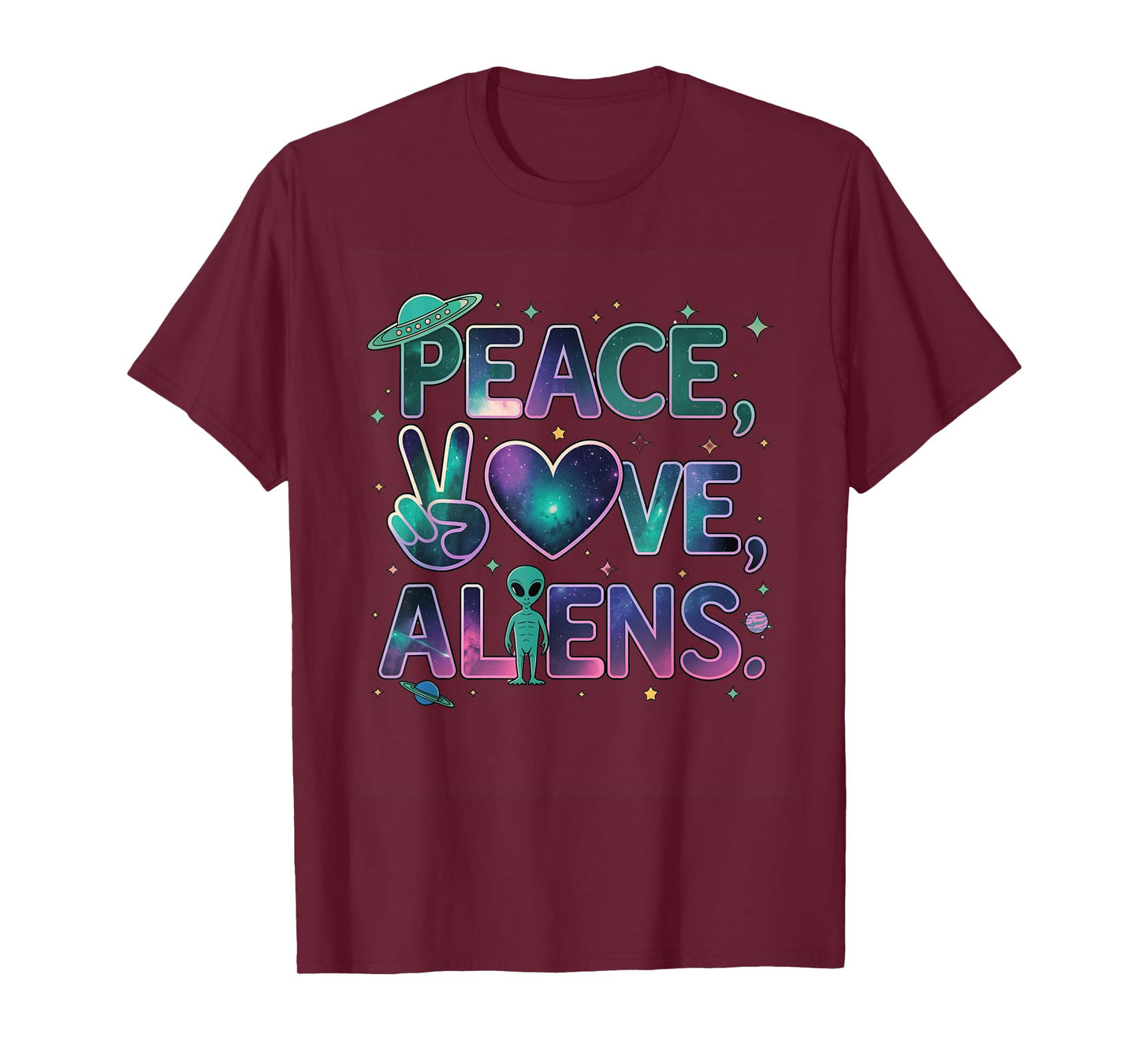 Peace Love Aliens Cool Funny Retro Vintage UFO UAP Alien T-Shirt