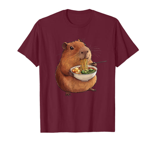 Capybara Designs. Kawaii Capybara Eating Ramen Noodles Anime Japanese Unisex-Adults and Kids T-Shirt - Black - Small - Short Sleeve