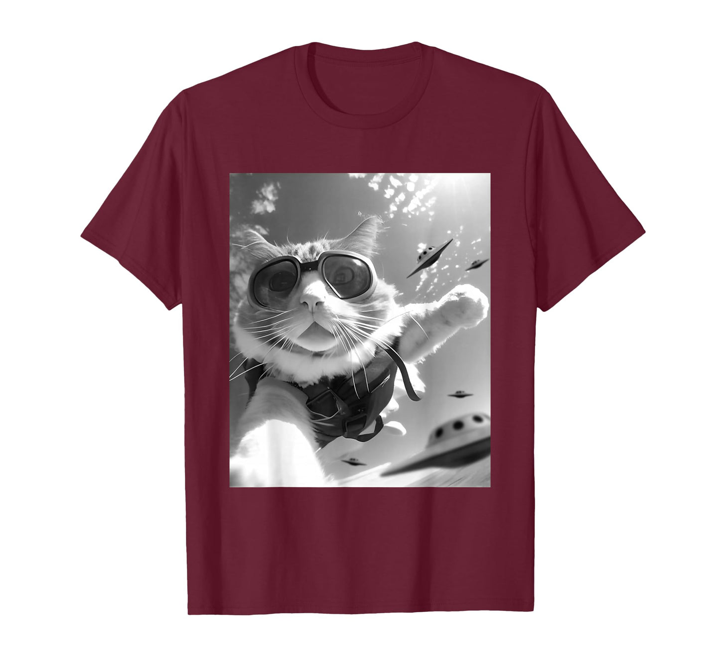Funny Skydiving Cat Selfie with Alien UFOs T-Shirt