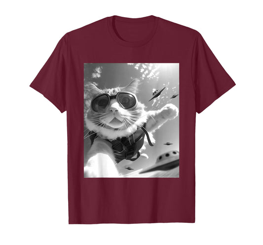 Funny Skydiving Cat Selfie with Alien UFOs T-Shirt