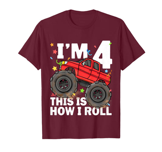 Kids Monster Truck 4th Birthday Boy Toddler 4 Four Year Old T-Shirt