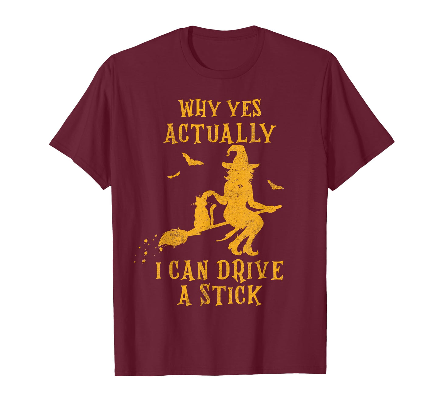Why Yes Actually I Can Drive a Stick Halloween Witch & Cat T-Shirt for Men Women Kids