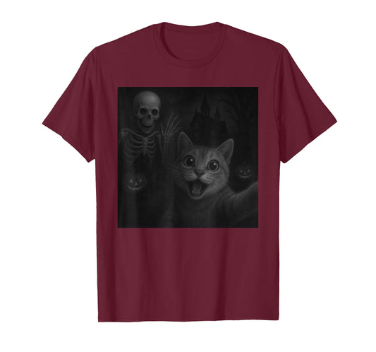 Cat Selfie with Skeleton Halloween Funny T-Shirt