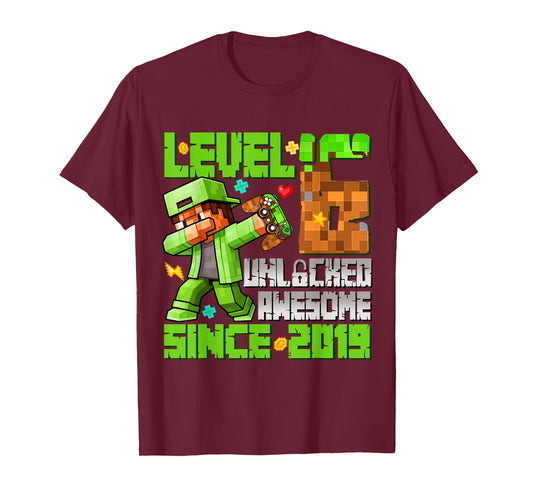 Level 6 Unlocked Awesome Since 2019 6th Birthday Game Pixel T-Shirt