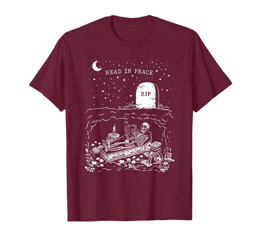 Read In Peace Skeleton Halloween Book Reading Spooky Teacher T-Shirt