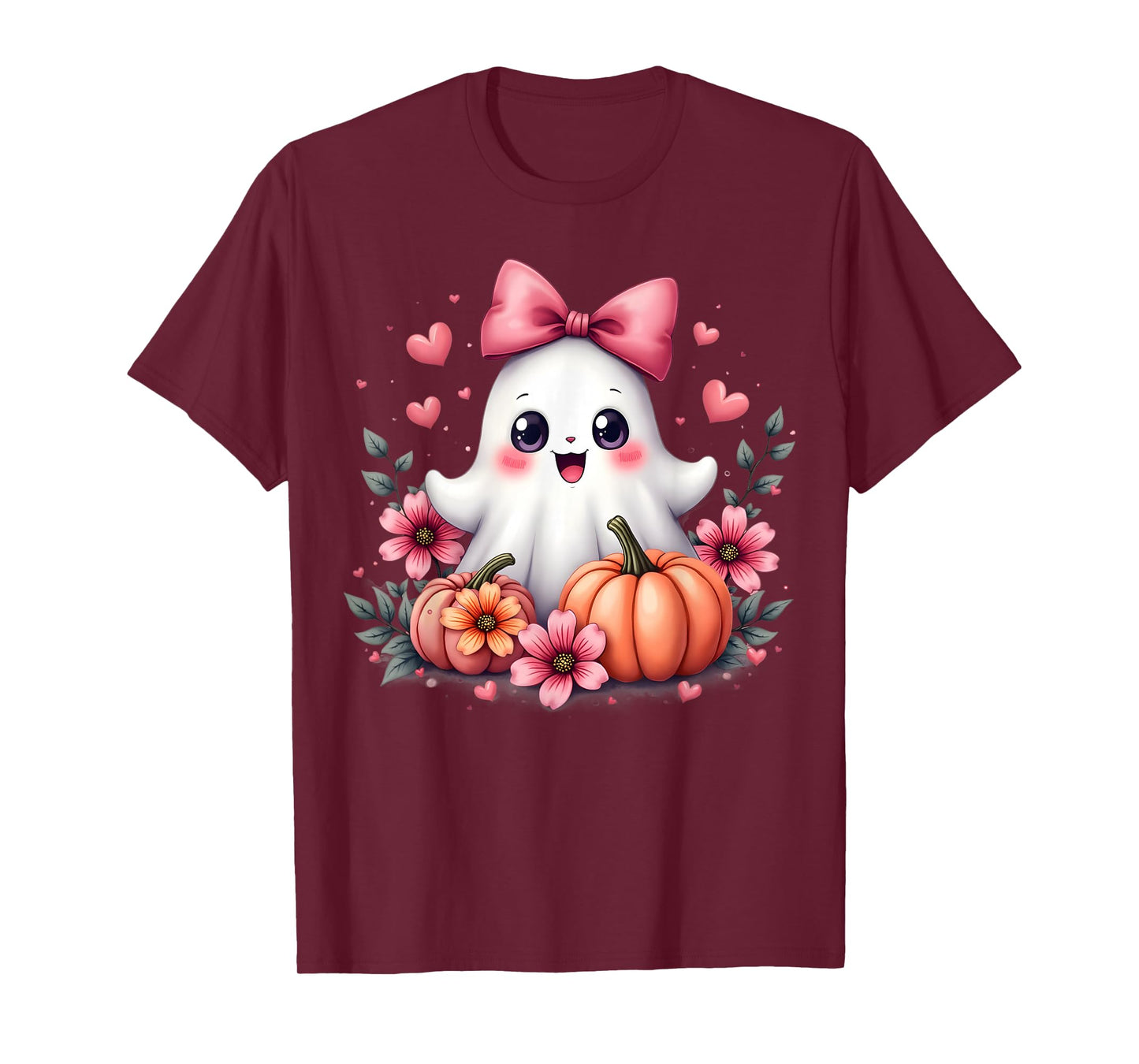 Cute Kawaii Ghost with Pink Bow Halloween Pumpkin Flowers T-Shirt