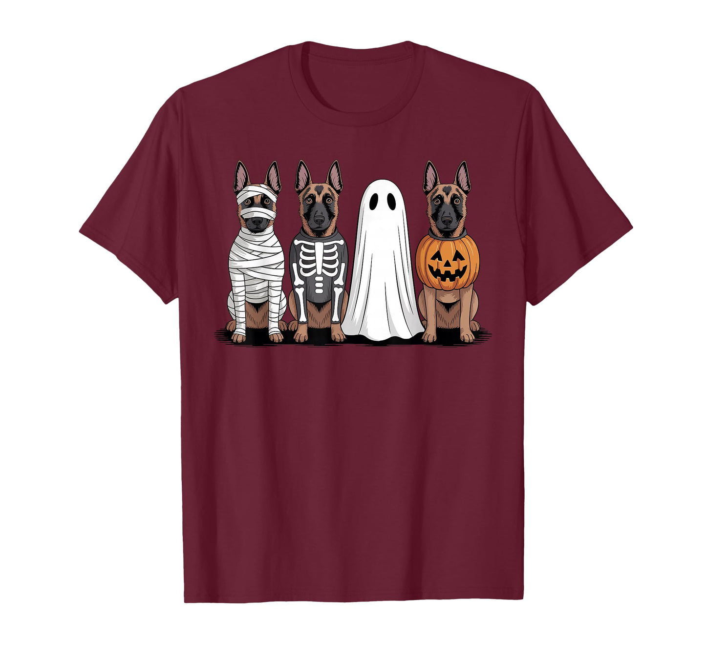 Spooky Ghost Belgian Malinois Pumpkin Halloween Dog Skeleton T-Shirt