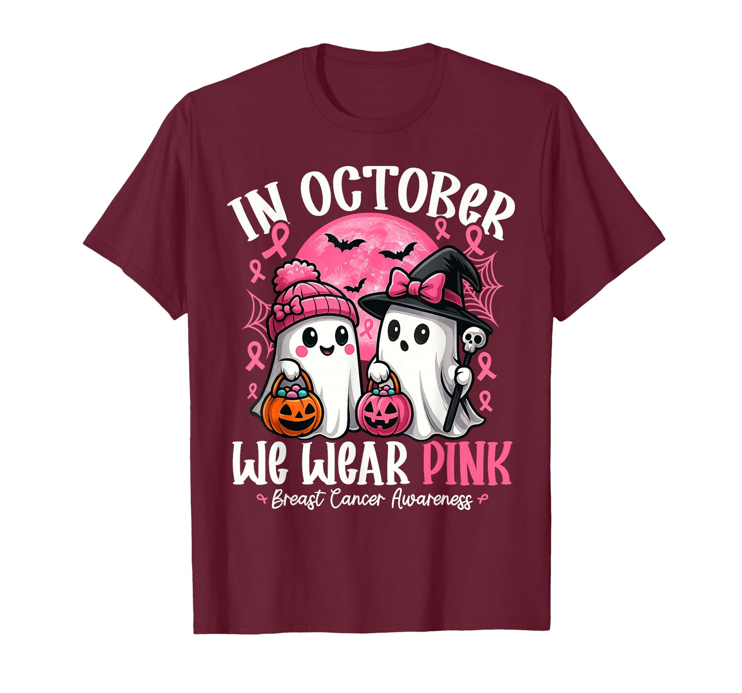 in October We Wear Pink Ghost Witch Breast Cancer Awareness T-Shirt