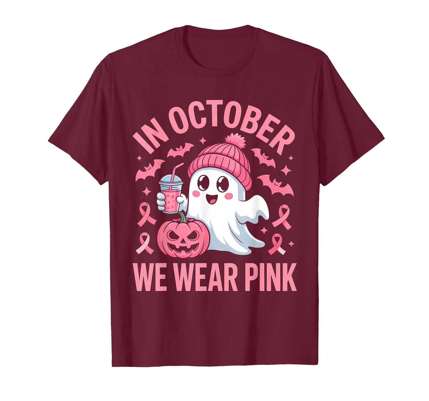 in October We Wear Pink Cute Ghost T-Shirt