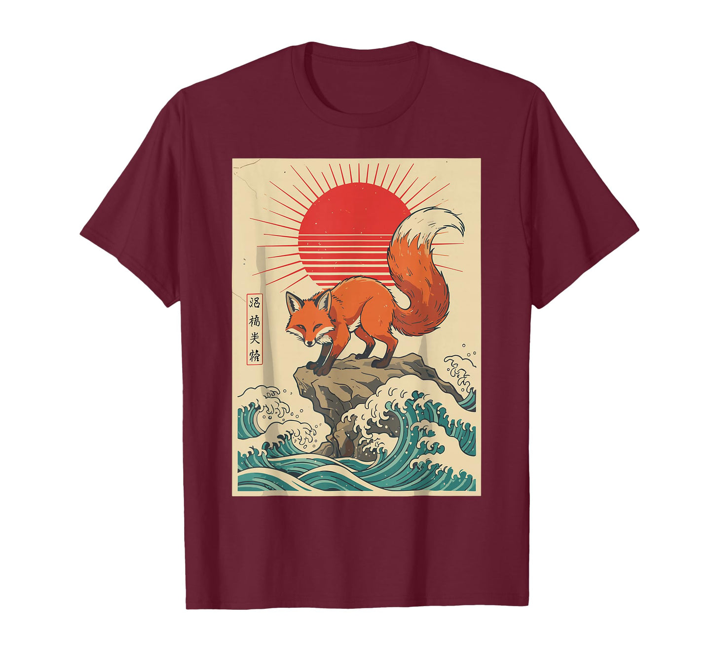 Japanese Shirt Fox Wave Rising Sun Vintage Art Graphic Men T-Shirt