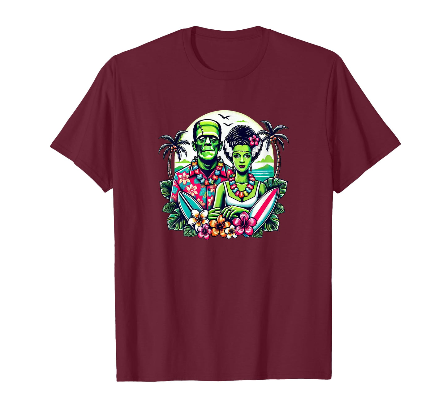 Frankenstein Monster and Bride Tropical Hawaiian Beach T-Shirt