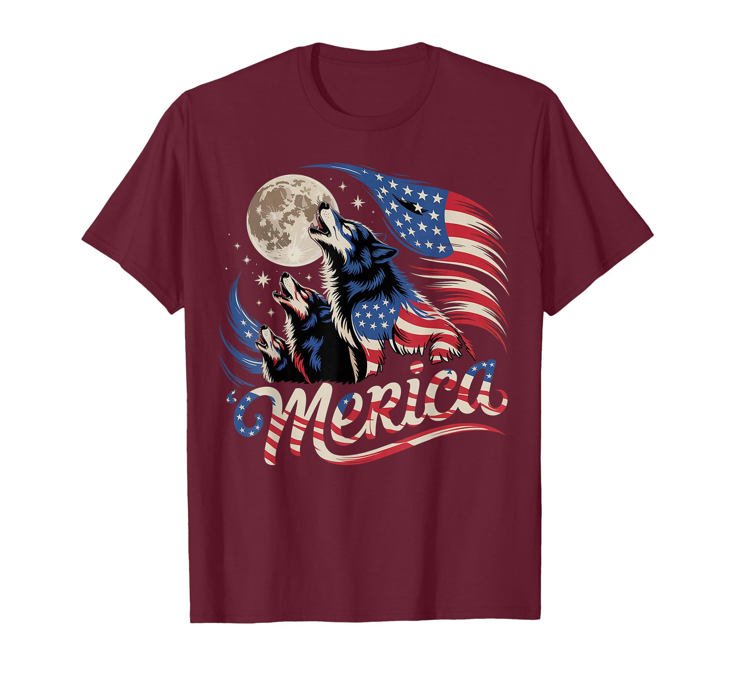 Wolf 4th of July American Flag Howling Wolves Under Moon T-Shirt
