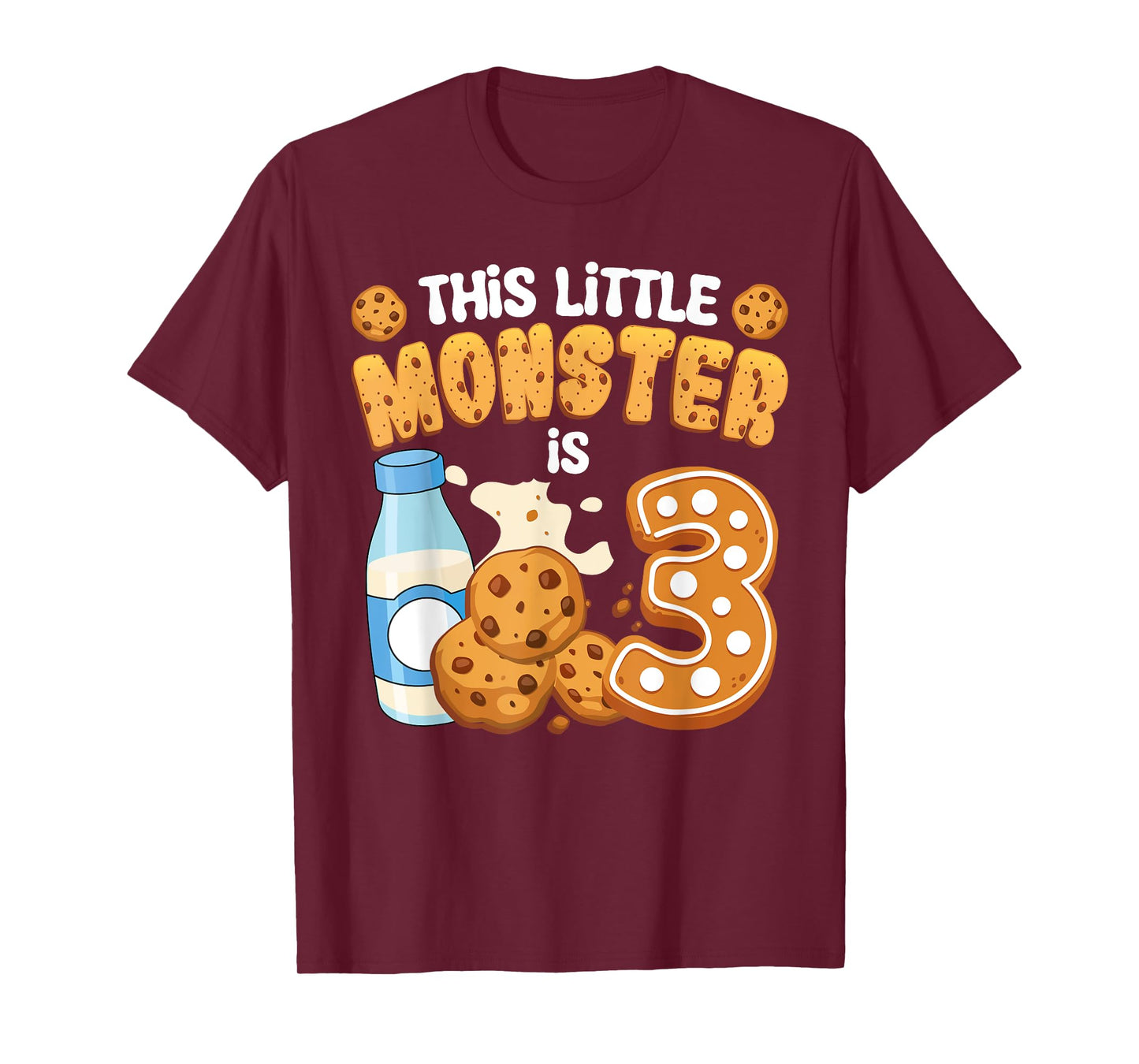 Milk and Cookies This Little Monster Is 3 3rd Bday Boy Girl T-Shirt