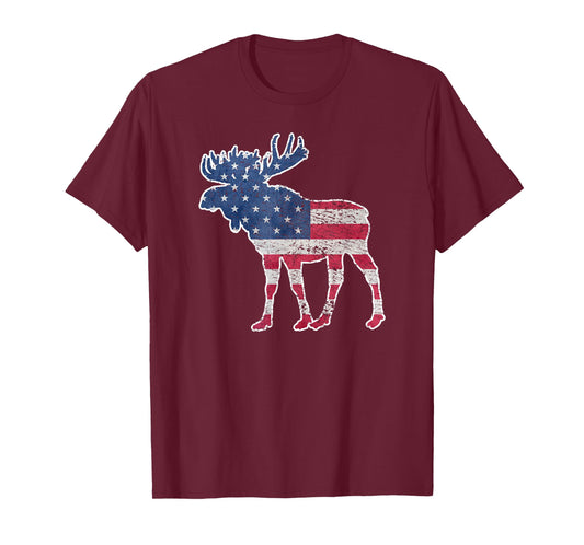 Moose USA Flag T-Shirt Colorful Retro Vintage Gift T-Shirt for Women Kids Men