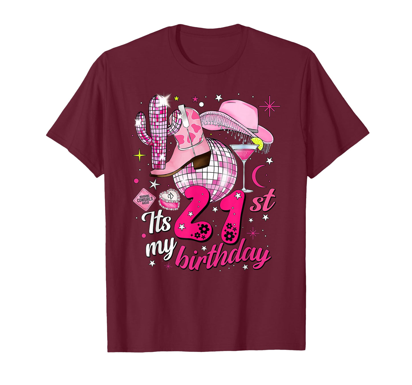 Howdy Cowboy Hat Womens Pink Boots Disco Ball 21st Birthday T-Shirt