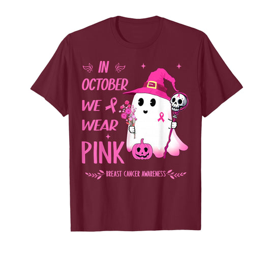 In October We Wear Pink Breast Cancer Awareness Ghost Witch T-Shirt
