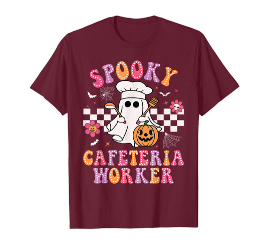 Spooky Cafeteria Worker Ghost Pumpkin Groovy Halloween T-Shirt