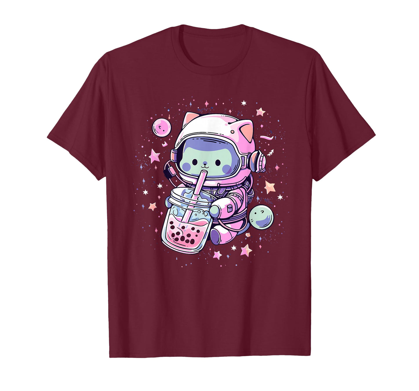 Kawaii Cat Bubble Boba Tea in Space Astronaut Anime Girls T-Shirt
