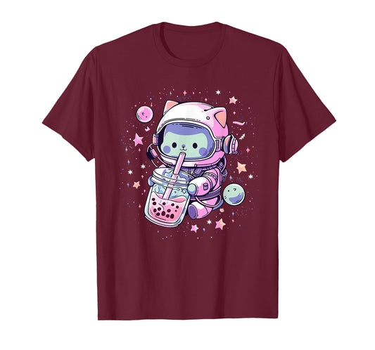 Kawaii Cat Bubble Boba Tea in Space Astronaut Anime Girls T-Shirt