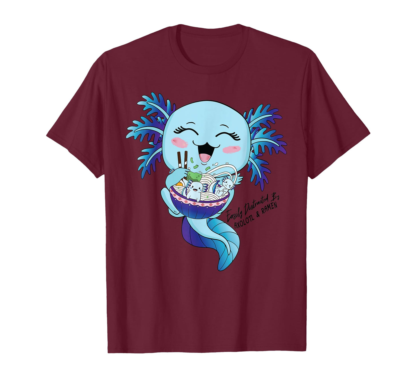 Kawaii Blue Axolotl Eating Ramen Salamander Boys Girls Teens T-Shirt