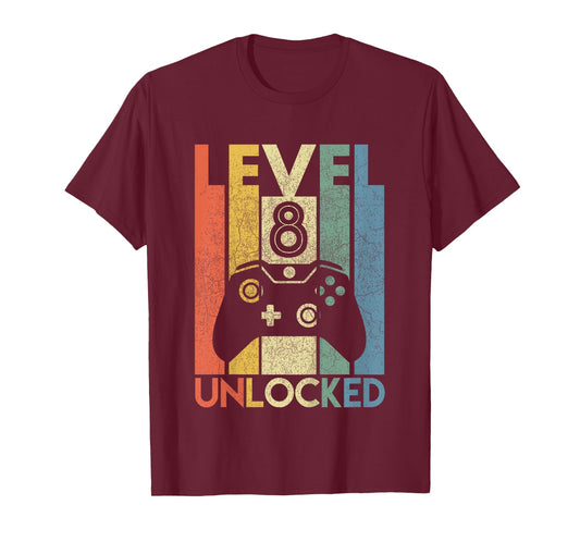 Kids Level 8 Unlocked Funny Video Gamer 8th Birthday Gift T-Shirt