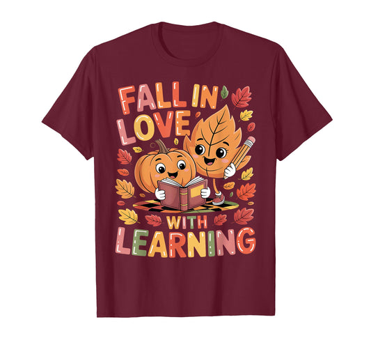 Retro Fall in Love with Learning Autumn Pumpkin Teacher Kids T-Shirt