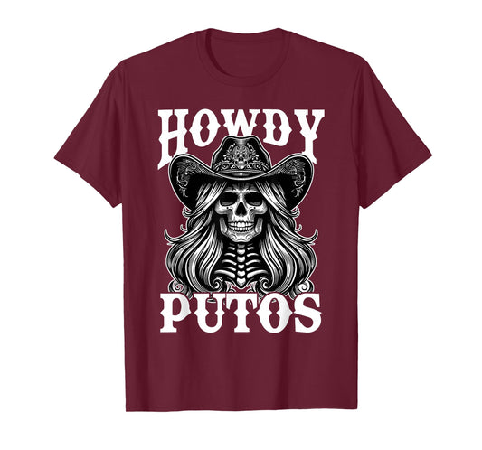 Howdy Putos Vintage Western Cowgirl Skull Spanish Slang T-Shirt