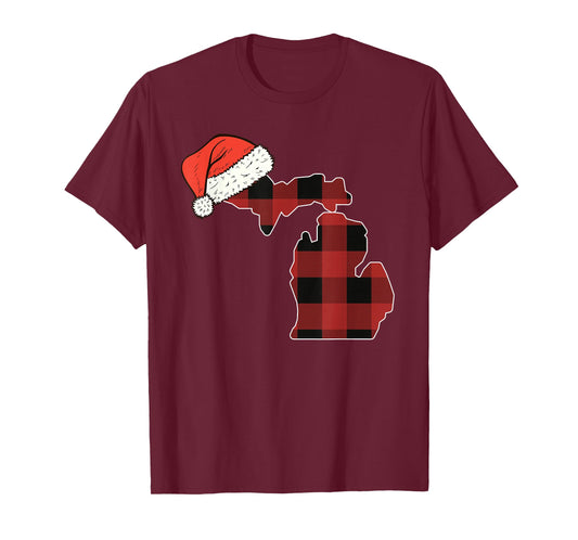 Michigan Plaid Christmas Santa Hat Holiday Matching T-Shirt