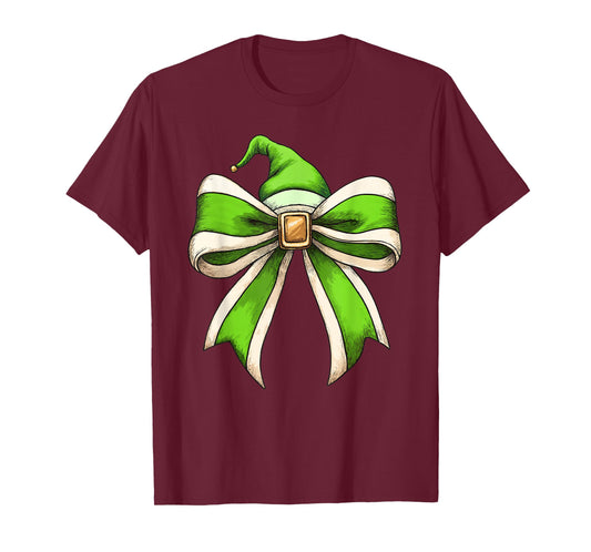 Coquette Christmas Bow Girls Women Holiday Ribbon Green Elf T-Shirt