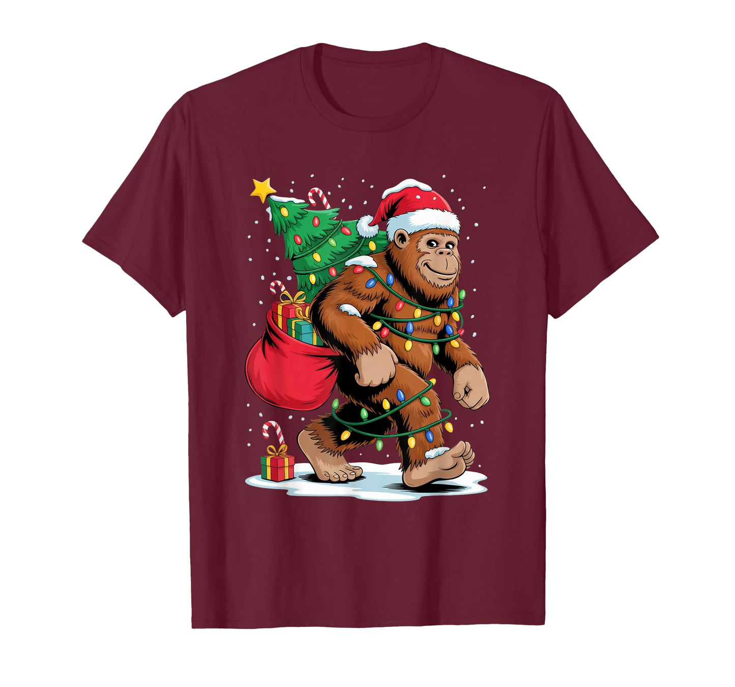 Funny Bigfoot Christmas Tree Lights Santa Sasquatch Shirt T-Shirt