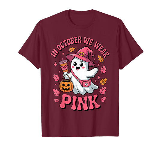 in October We Wear Pink Cute Ghost Halloween Drinking Coffee T-Shirt