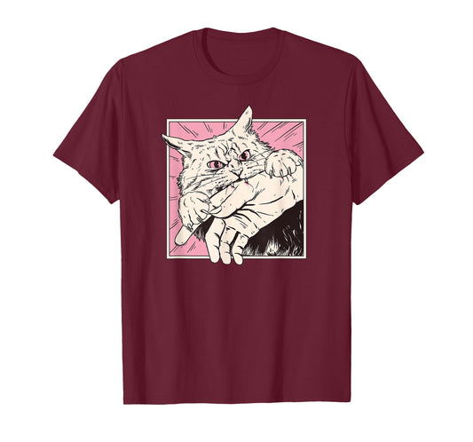 Cat Bite Retro Horror Graphic Japanese Manga Style Funny T-Shirt