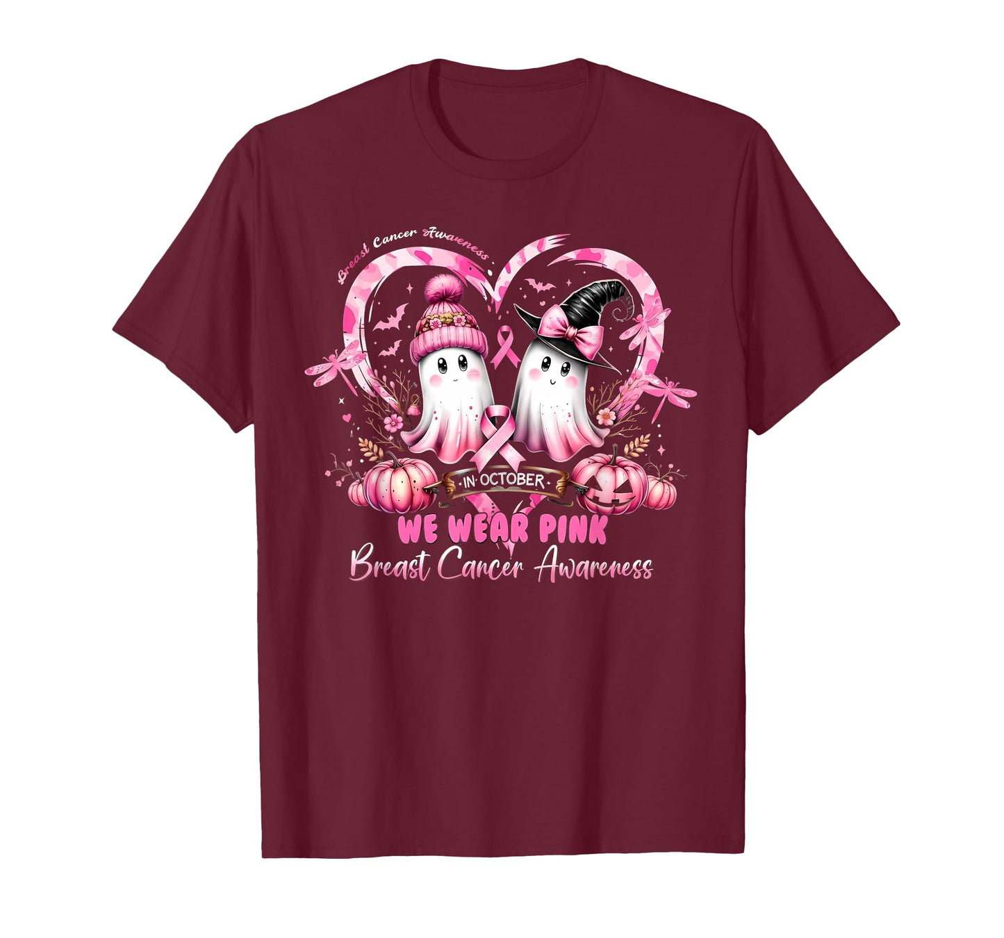 in October We Wear Pink Breast Cancer Heart Dragonflies T-Shirt