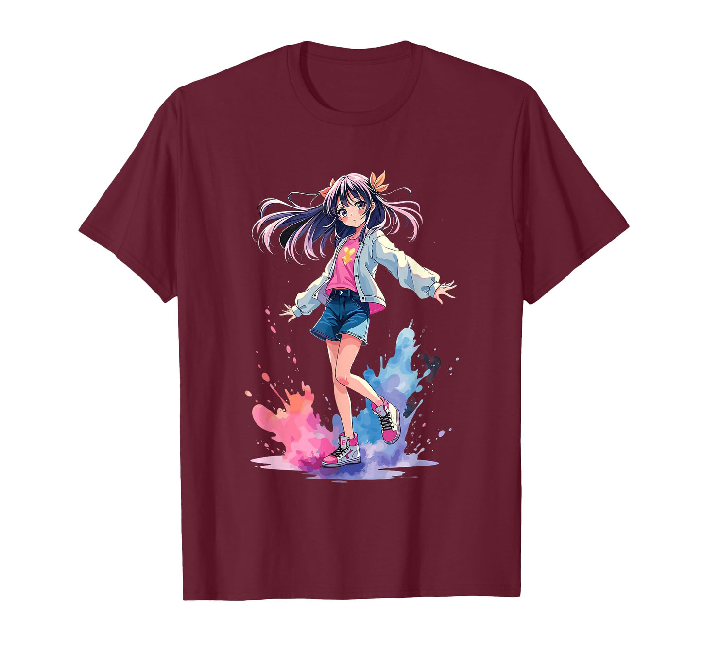 Anime Splash Girl Watercolor Art T-Shirt