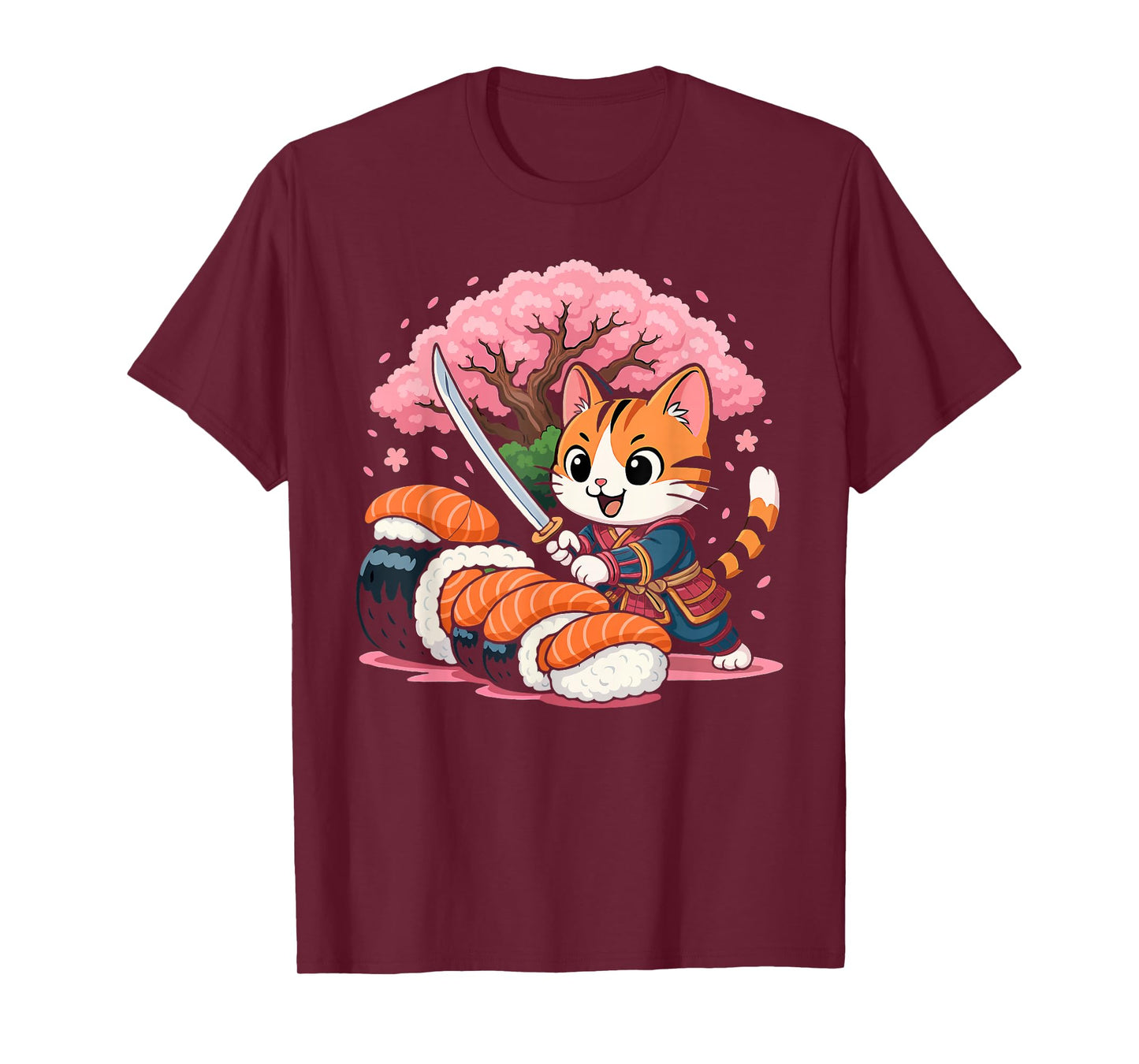 Kawaii Samurai Cat Sushi Funny Japanese Food Lovers T-Shirt